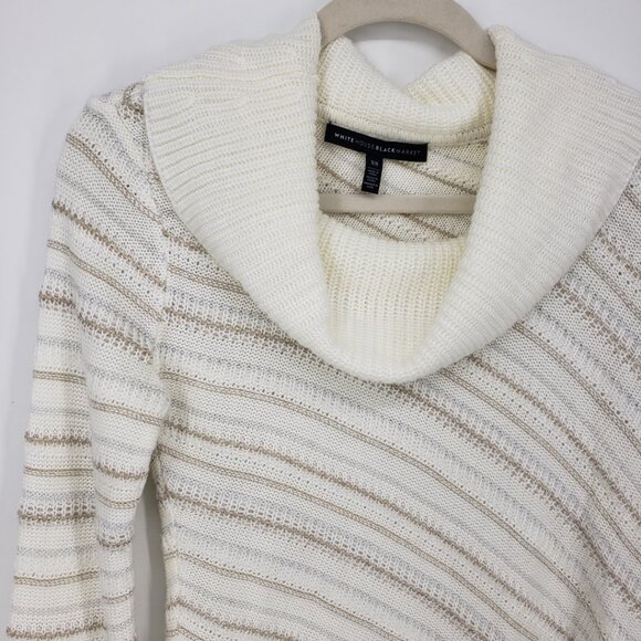 White House Black Market Asymmetrical Cowl Neck Striped Sweater XS Cream Gold - Picture 4 of 7